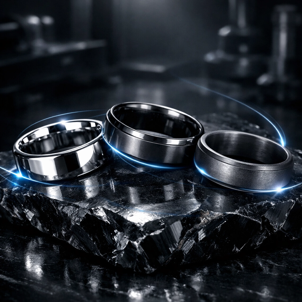 Men's wedding bands crafted from high-performance cobalt chrome, tungsten carbide, and rare tantalum.