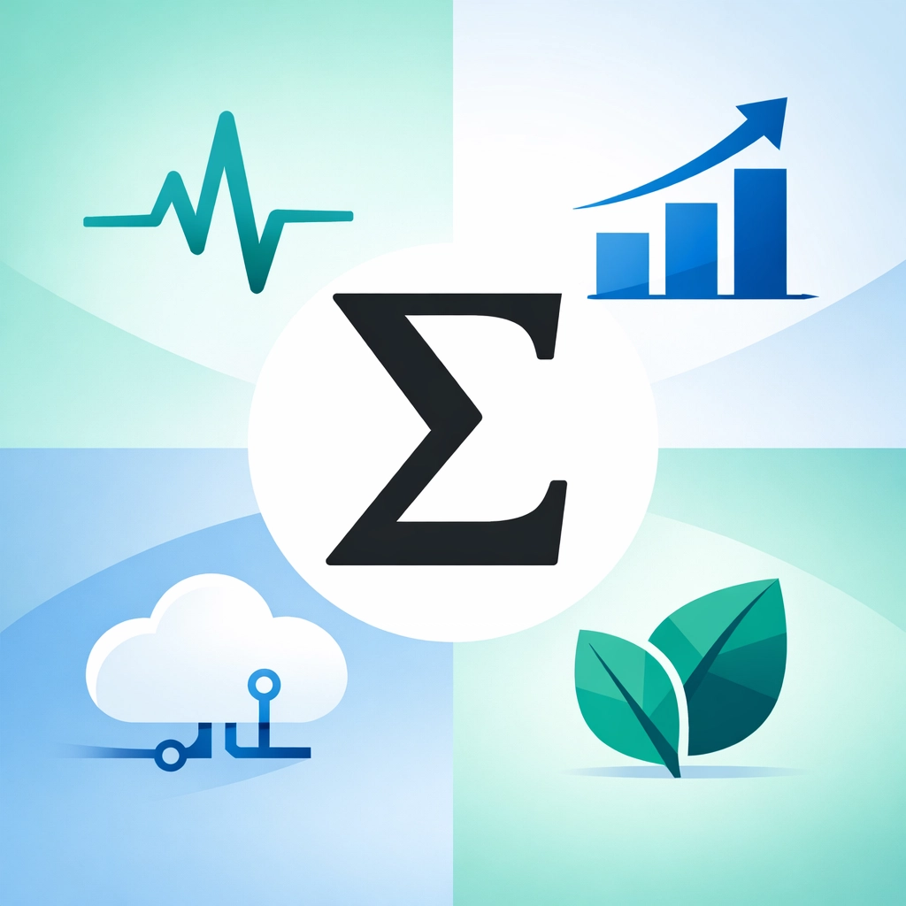 Six Sigma symbol surrounded by industry icons representing the methodology’s application in healthcare, finance, and IT.