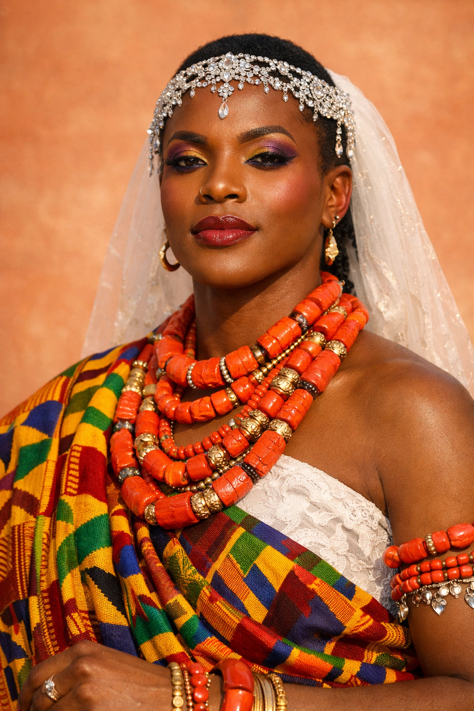 West African person in vibrant clothing, representing historical gender fluidity and non-binary heritage.