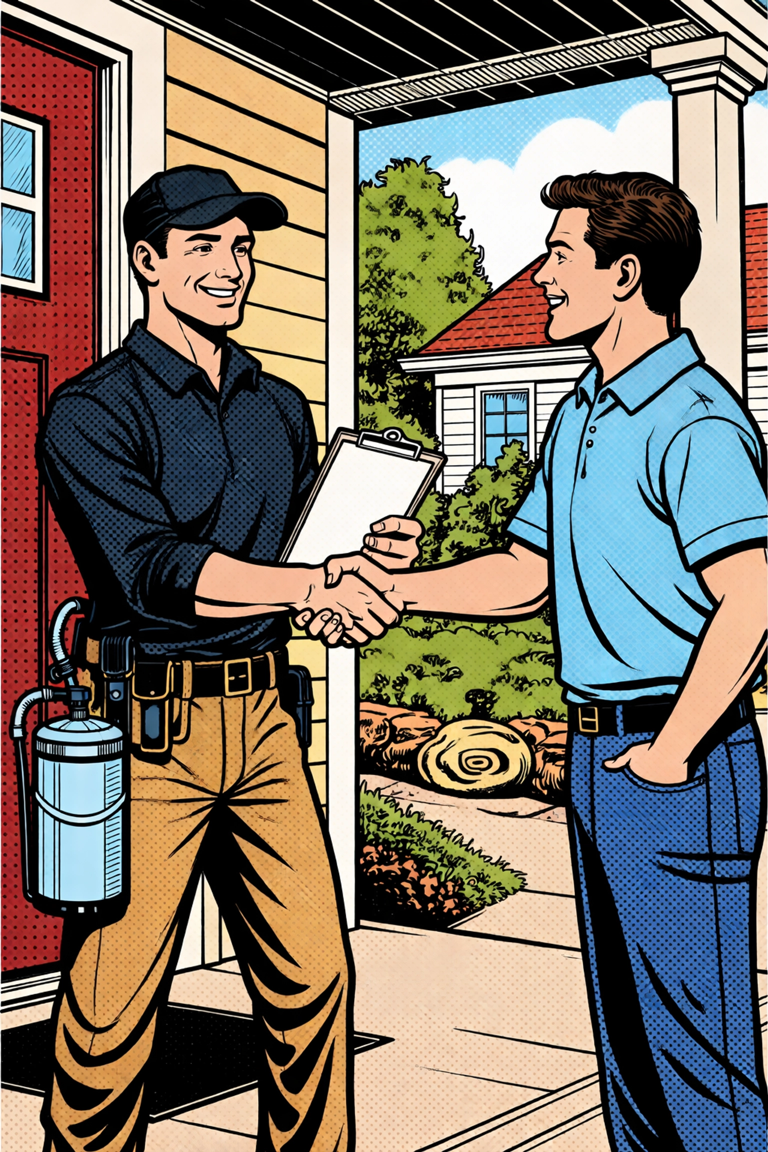 Pest X technician shaking hands with a Jasper homeowner after successful termite inspection and treatment.