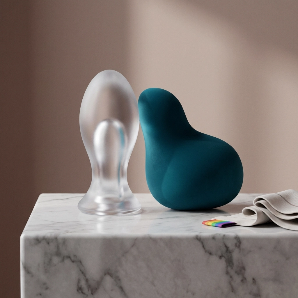 Minimalist display of a body-safe glass toy and teal silicone item on a marble surface.