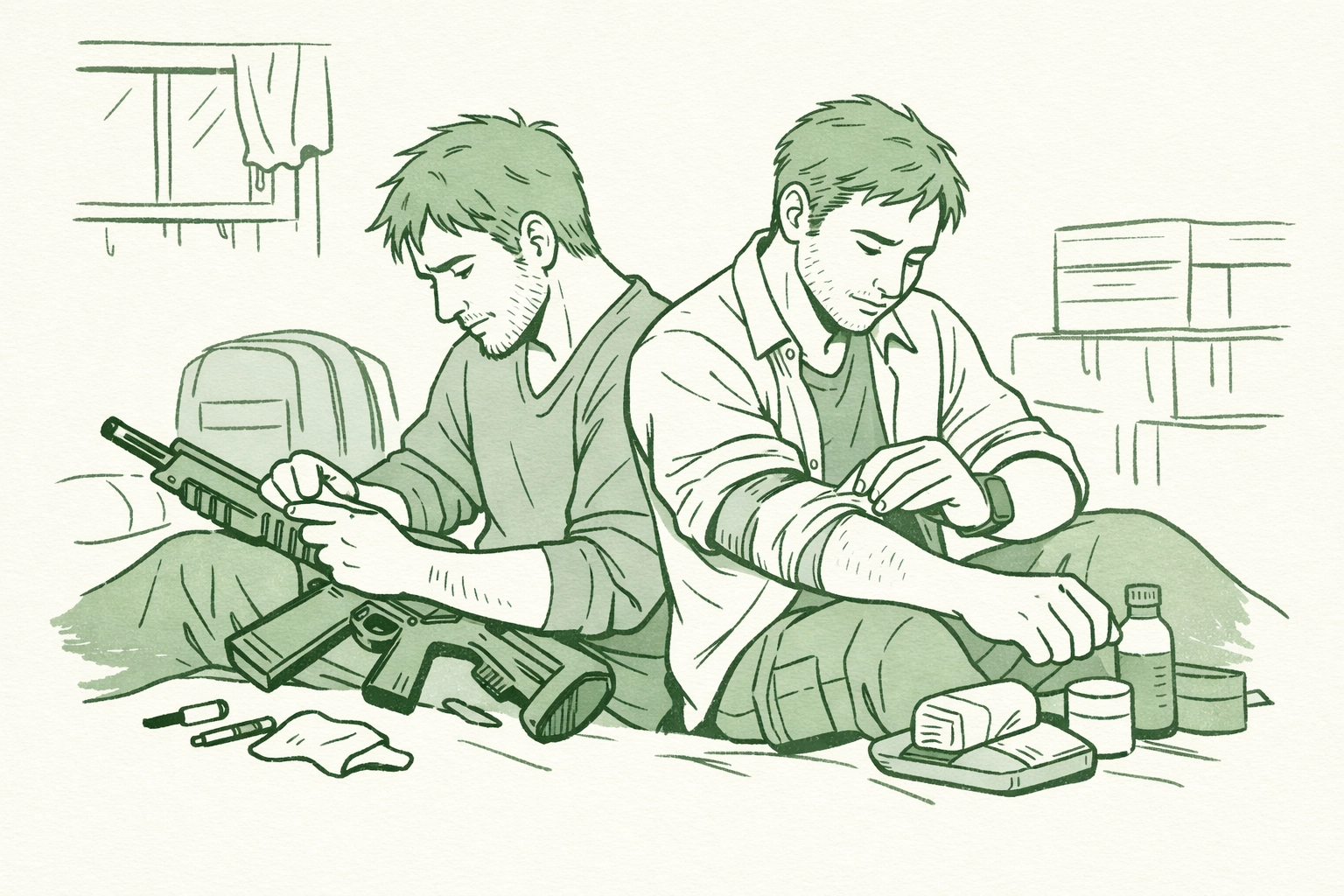 Partners caring for each other's wounds in safe house - gay soldier romance