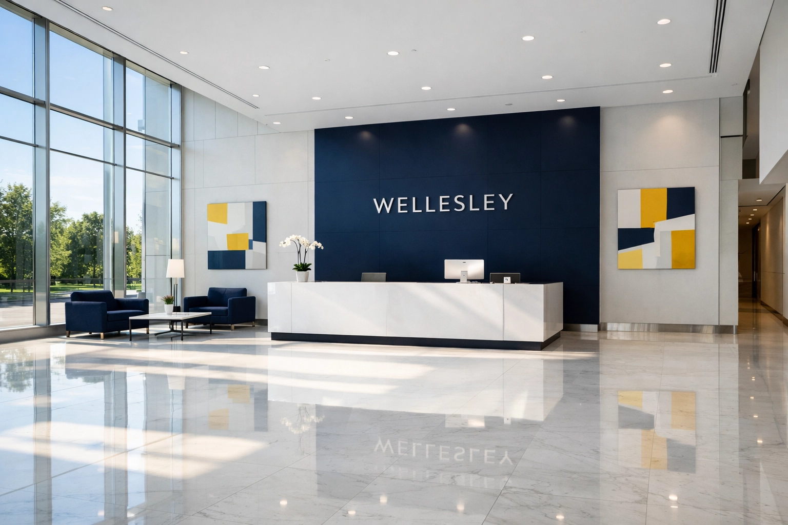 Impeccably clean corporate lobby in Wellesley featuring polished marble floors and professional janitorial standards.