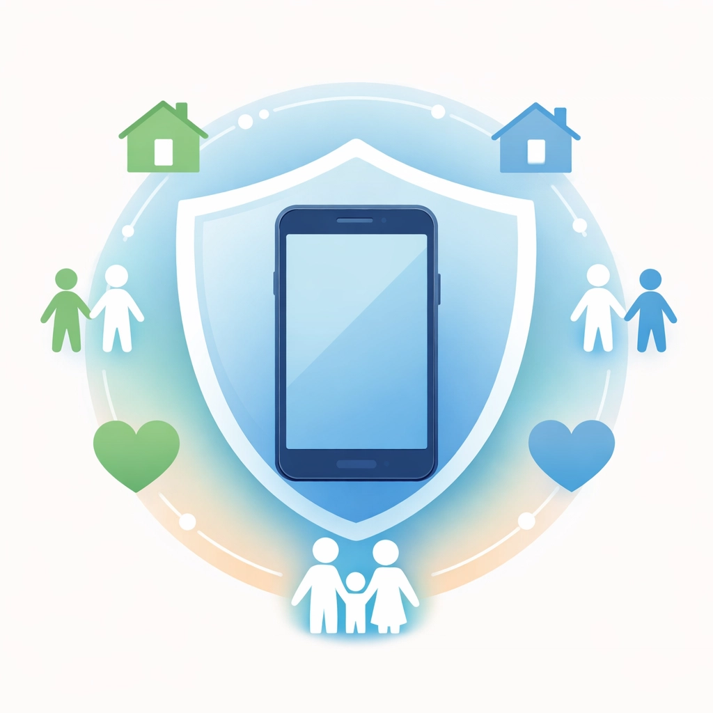 Smartphone protected by shield with family connection symbols representing digital safety for Christian parents