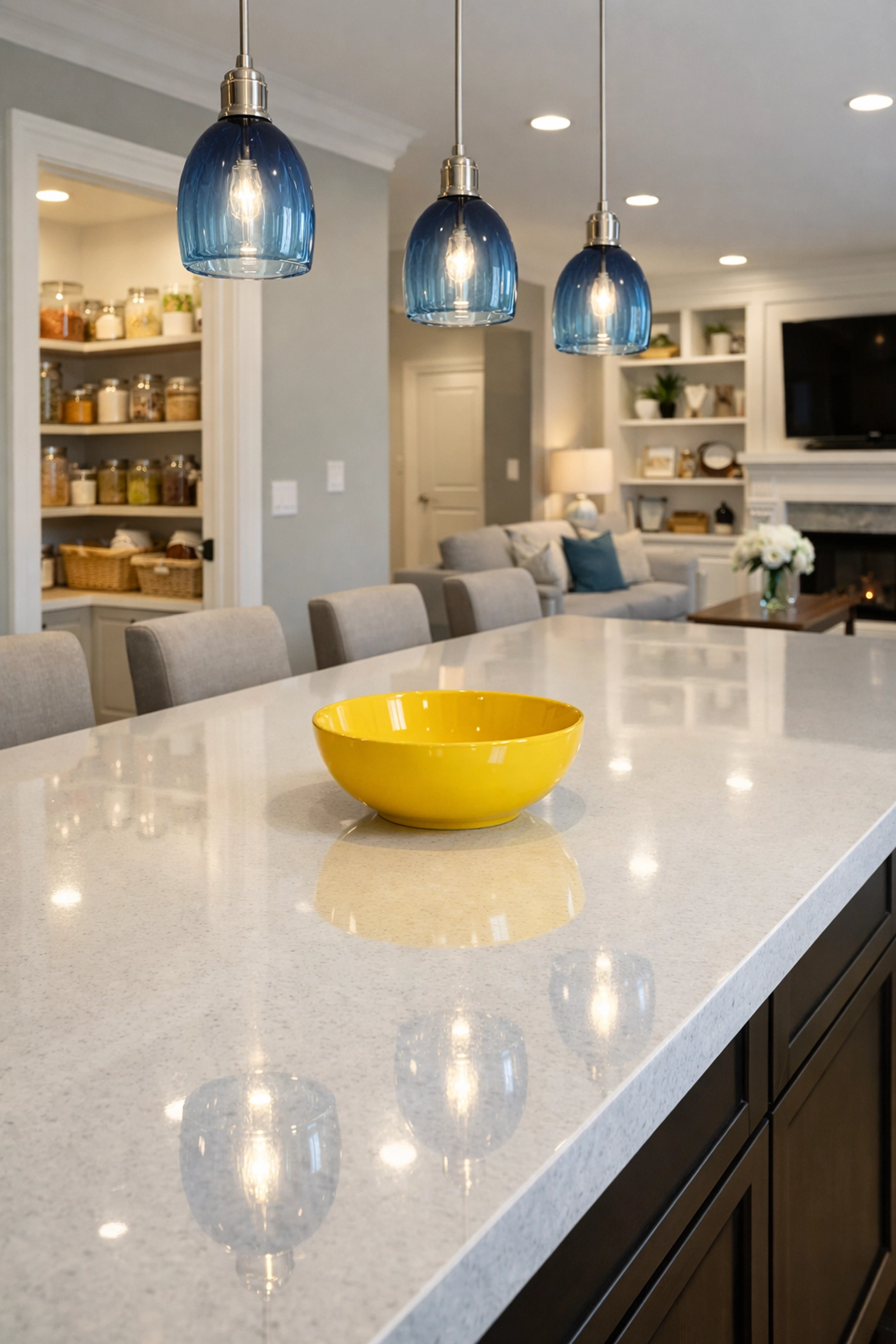 Gleaming quartz kitchen island after a high-quality weekly house cleaning in Westford.