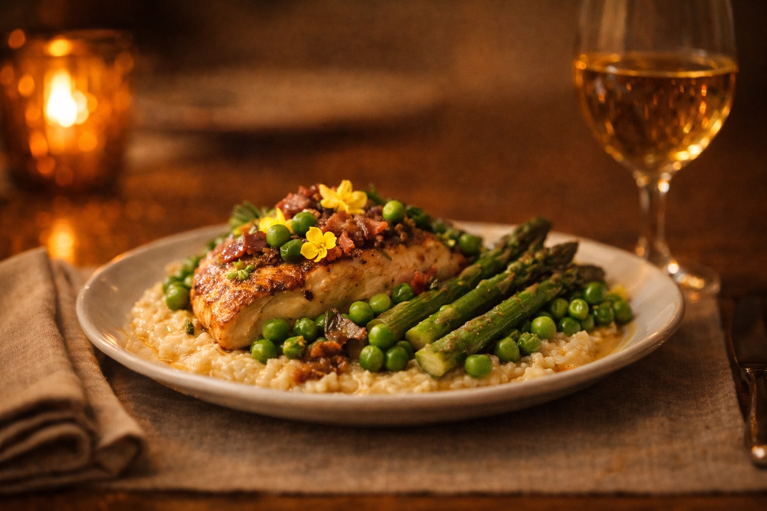 An intimate, eye-level dining table scene with a beautifully plated Southern-inspired spring dish featuring asparagus and peas, highlighting the personal chef experience.