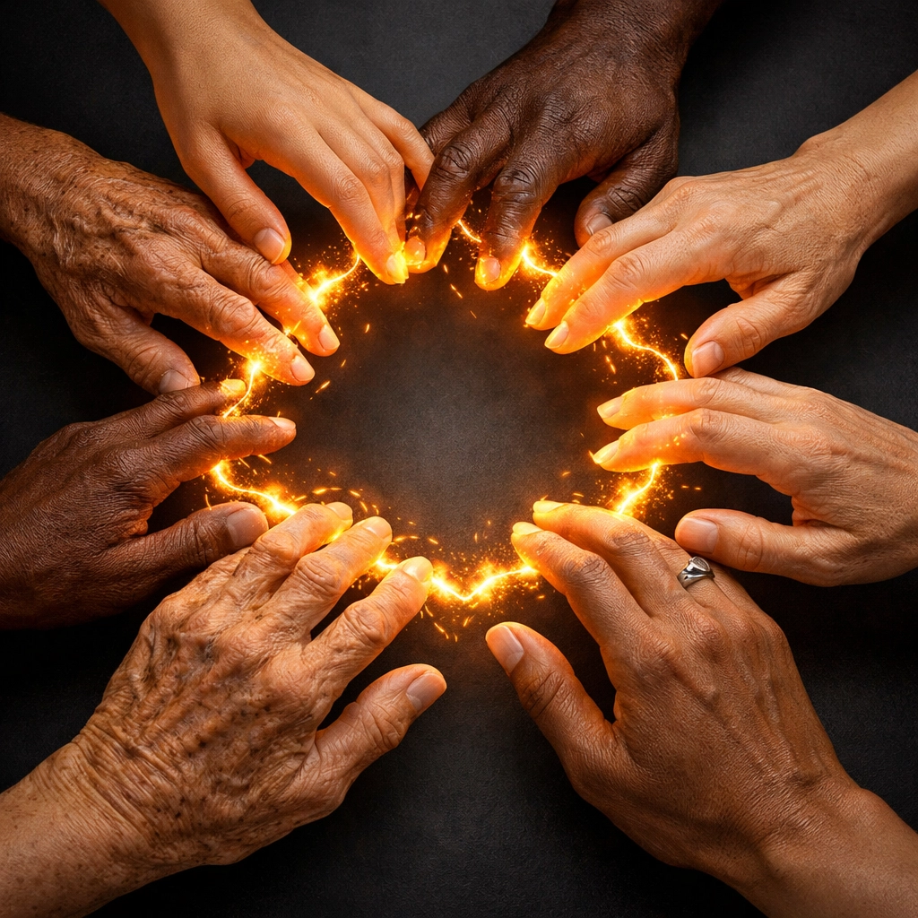 Diverse hands joined in a glowing circle, symbolizing the spiritual unity and connection of the global Body of Christ.