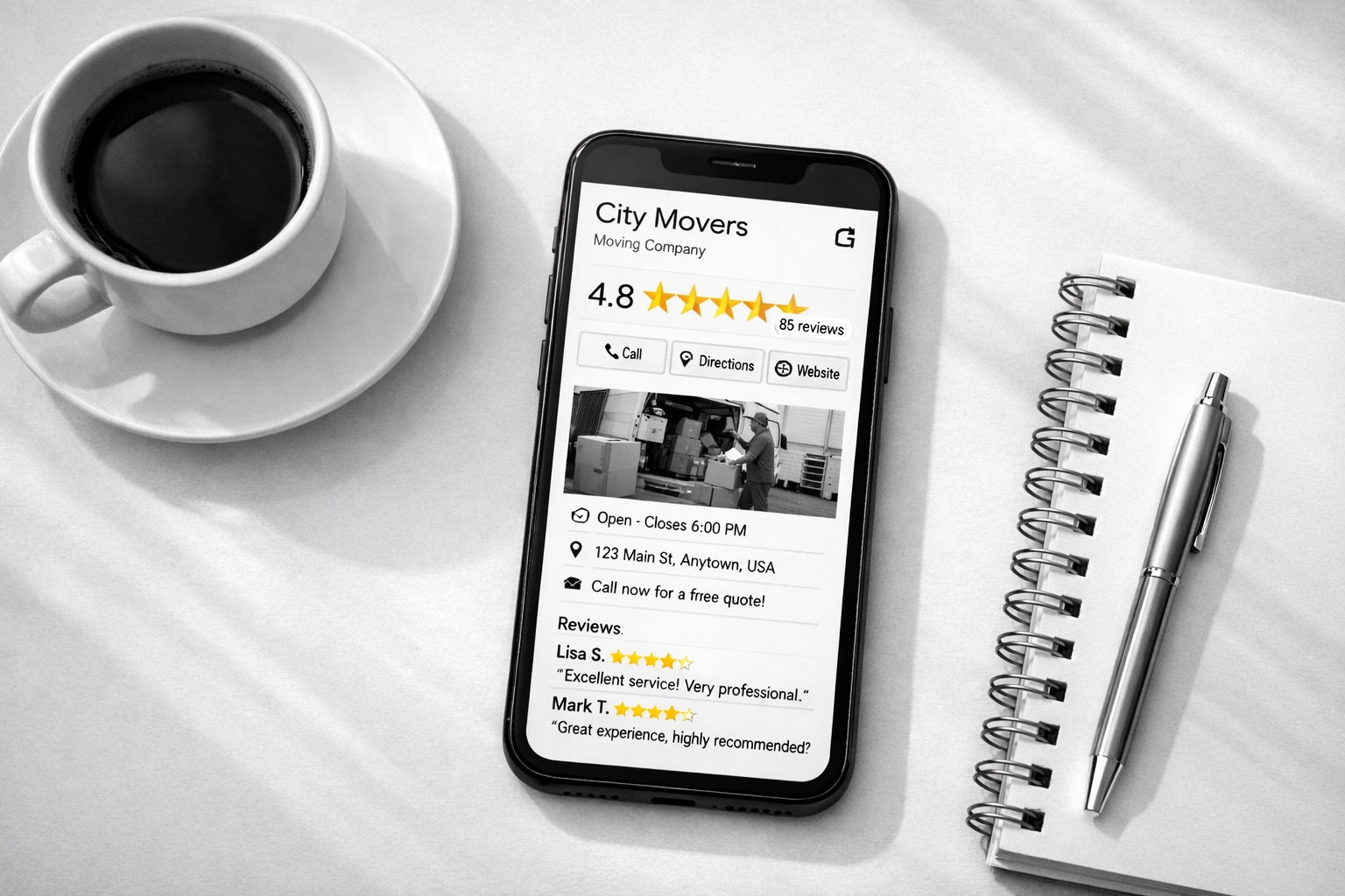 Google Business Profile for moving company showing 5-star reviews on smartphone