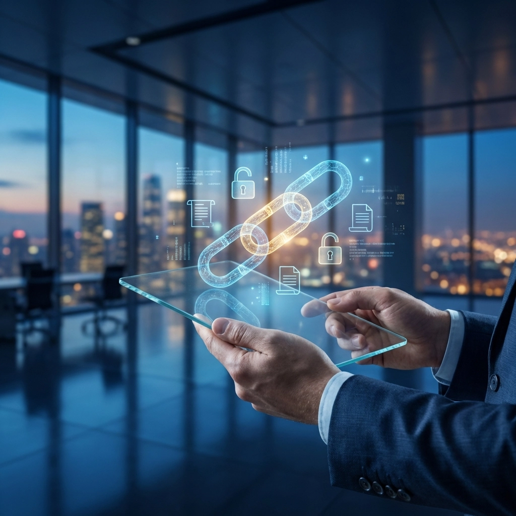 Business executive using transparent tablet with blockchain receipts, highlighting innovative NFT receipt solutions for merchants