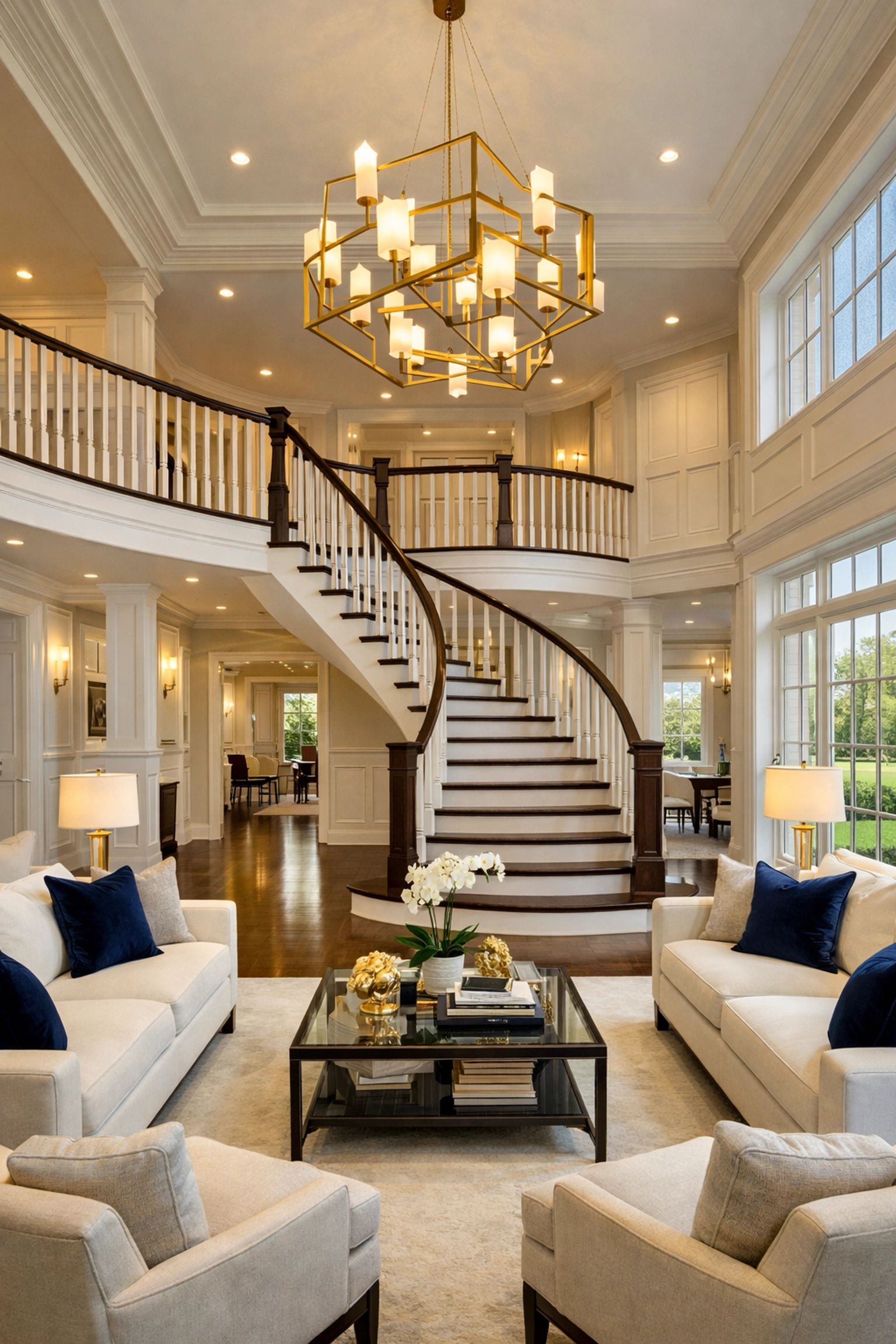 Immaculate grand foyer of a Massachusetts estate, perfectly staged after professional residential cleaning.