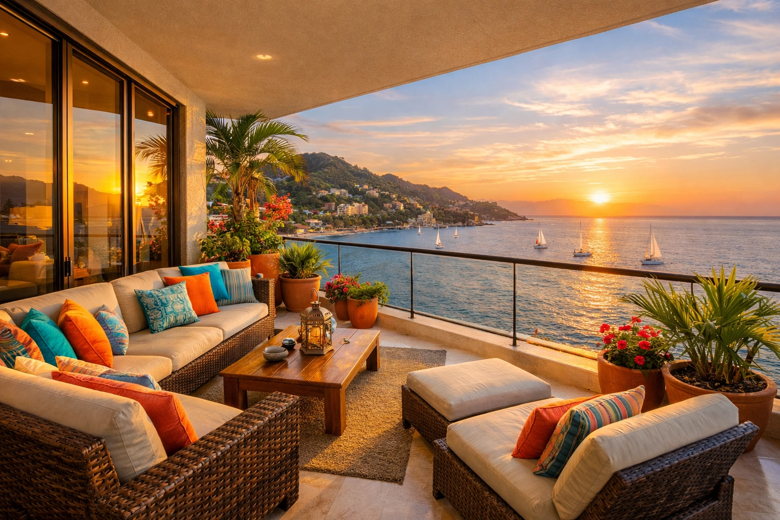 Modern Puerto Vallarta condo balcony with ocean views of Banderas Bay