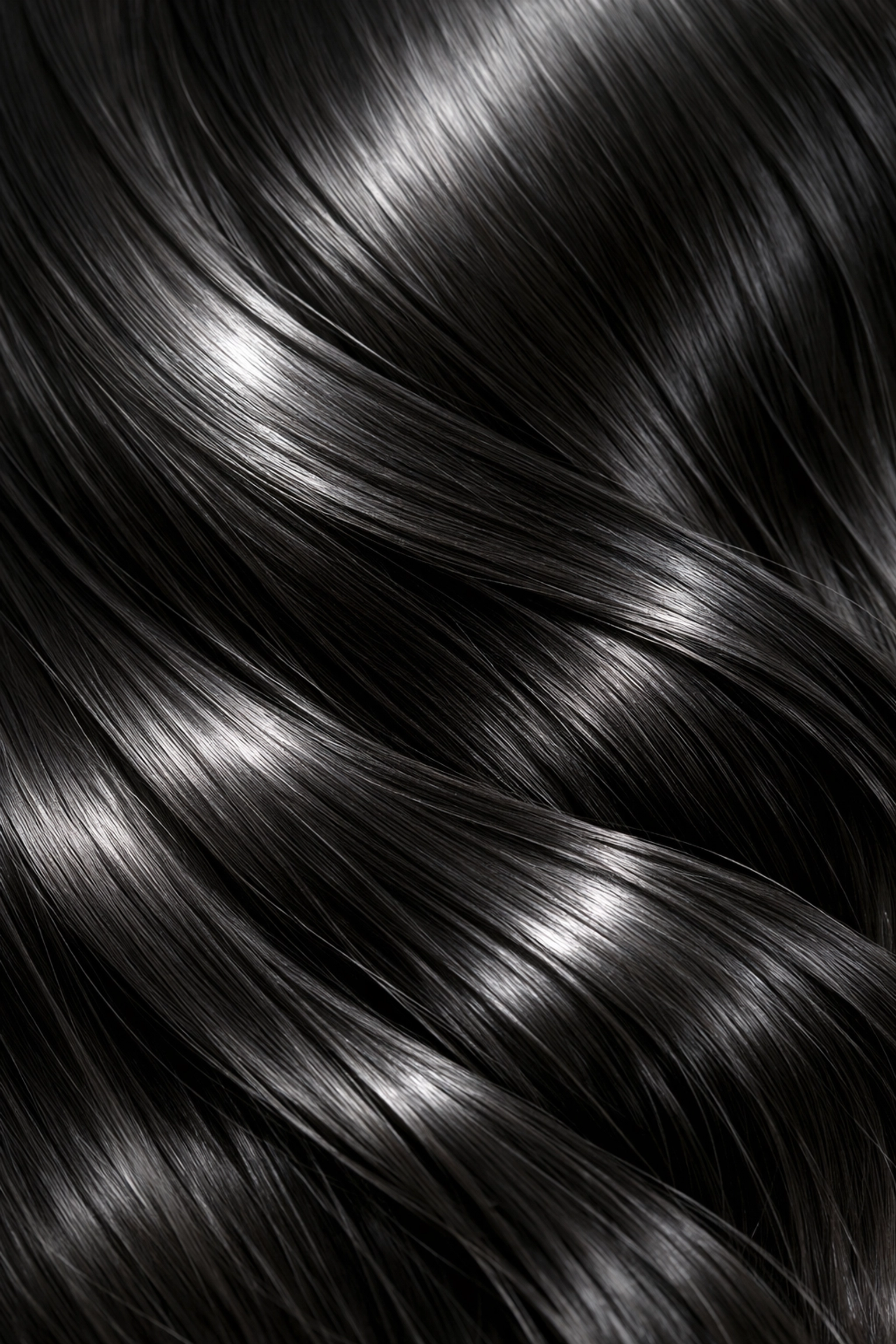 Close-up of shiny, healthy dark hair after a professional gloss glaze treatment in Concord NH.
