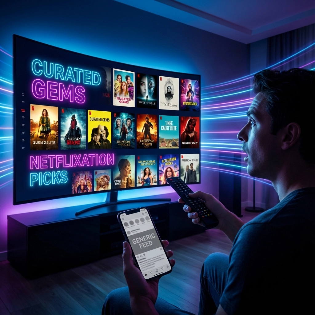 Person browsing a streaming platform on a TV screen displaying hidden gems and curated picks, highlighting smarter content discovery beyond algorithms.