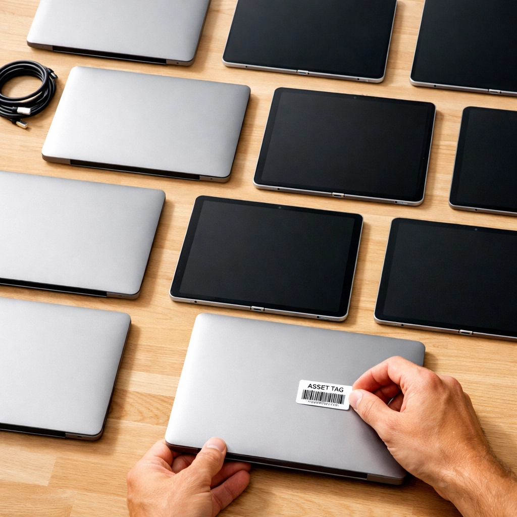 Technicians tagging hardware assets for ServiceNow lifecycle automation and tracking.