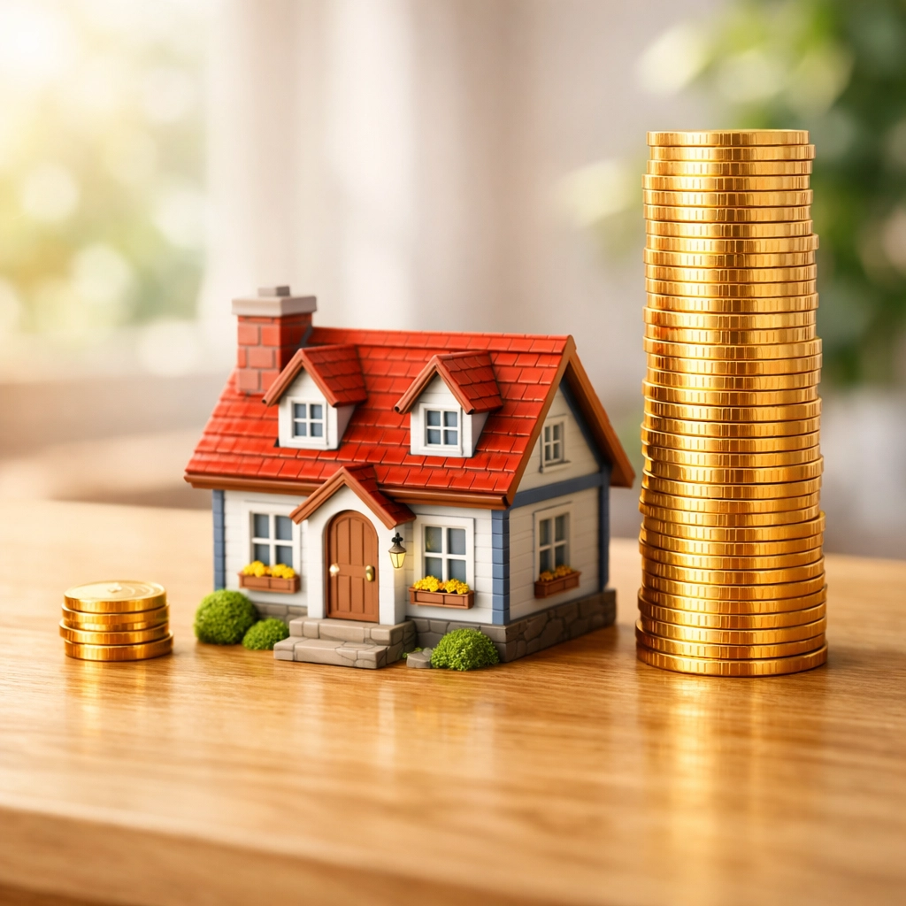 Model house with a small coin stack representing a 5% deposit and a large stack for a 95% mortgage.