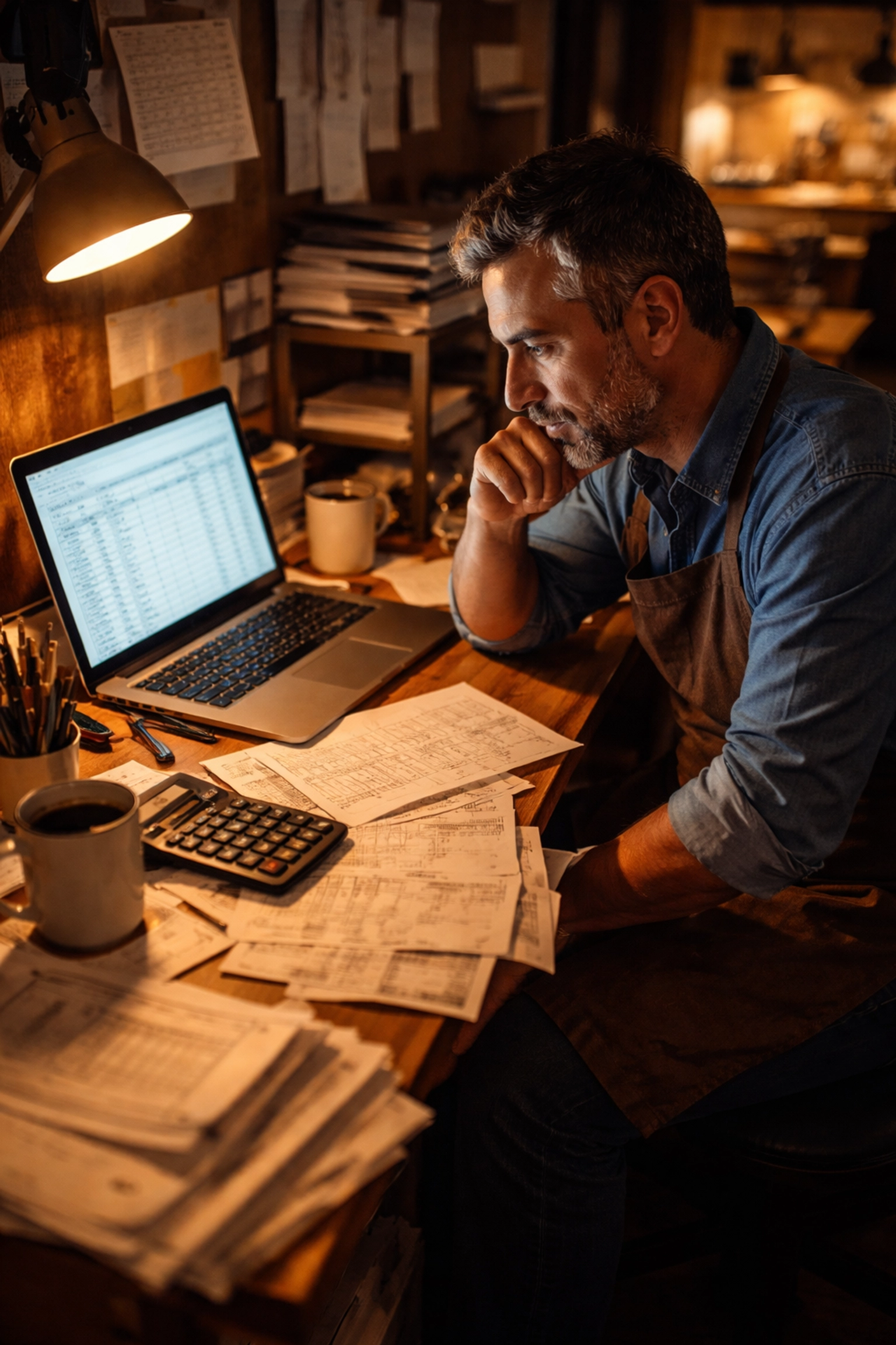 Restaurant owner analyzing cash flow spreadsheets late at night, focusing on turnaround and stabilizing finances