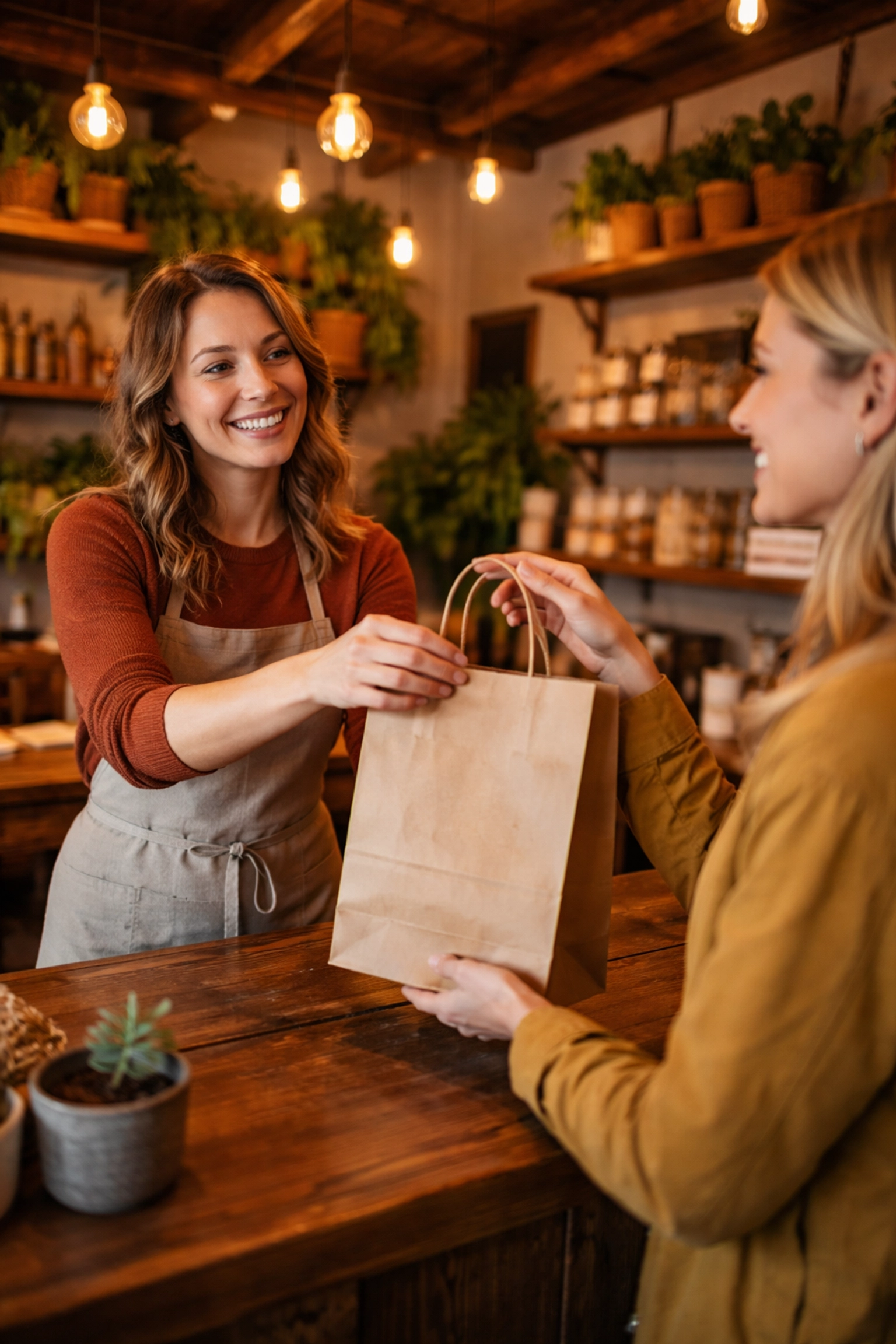 Shop owner handing bag to customer in a Summerville boutique, highlighting local shopping experience