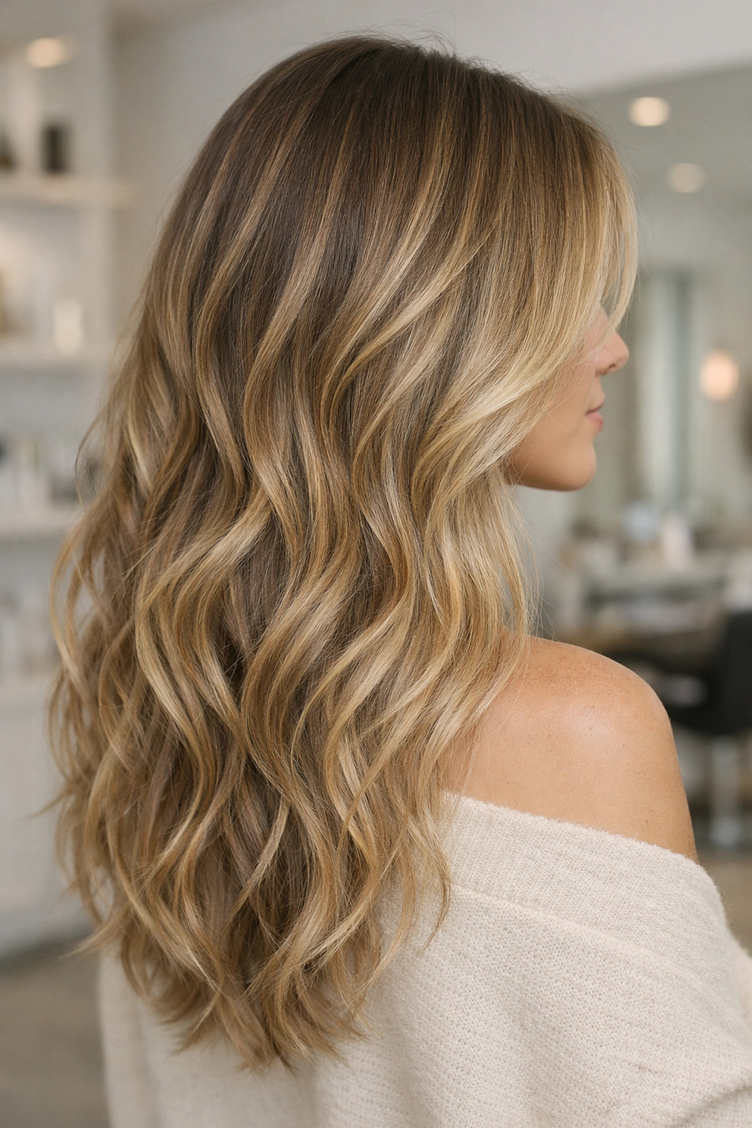 Beautiful lived-in color balayage featuring a root shadow and multitonal honey highlights.