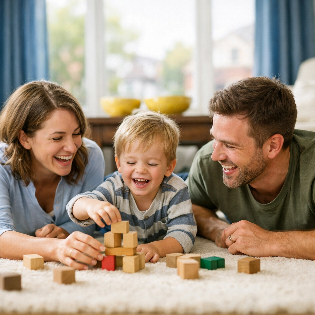 Happy family playing in a clean living room after a professional house cleaning Lowell MA visit.