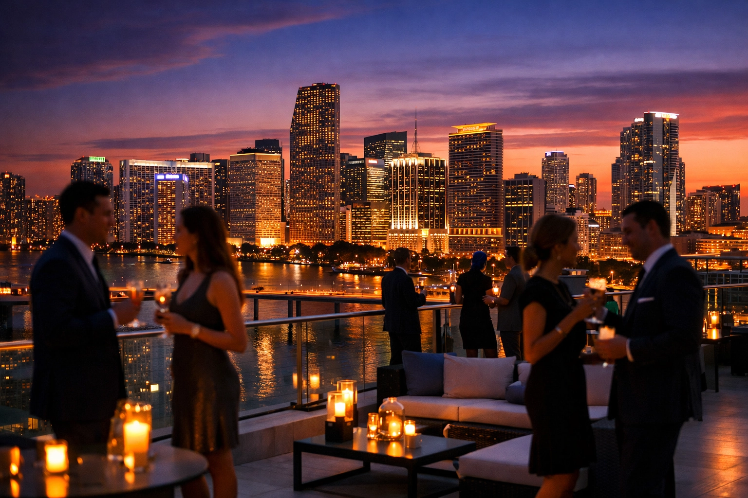 Corporate rooftop reception in Brickell at sunset showcasing the Miami skyline for event photography services.