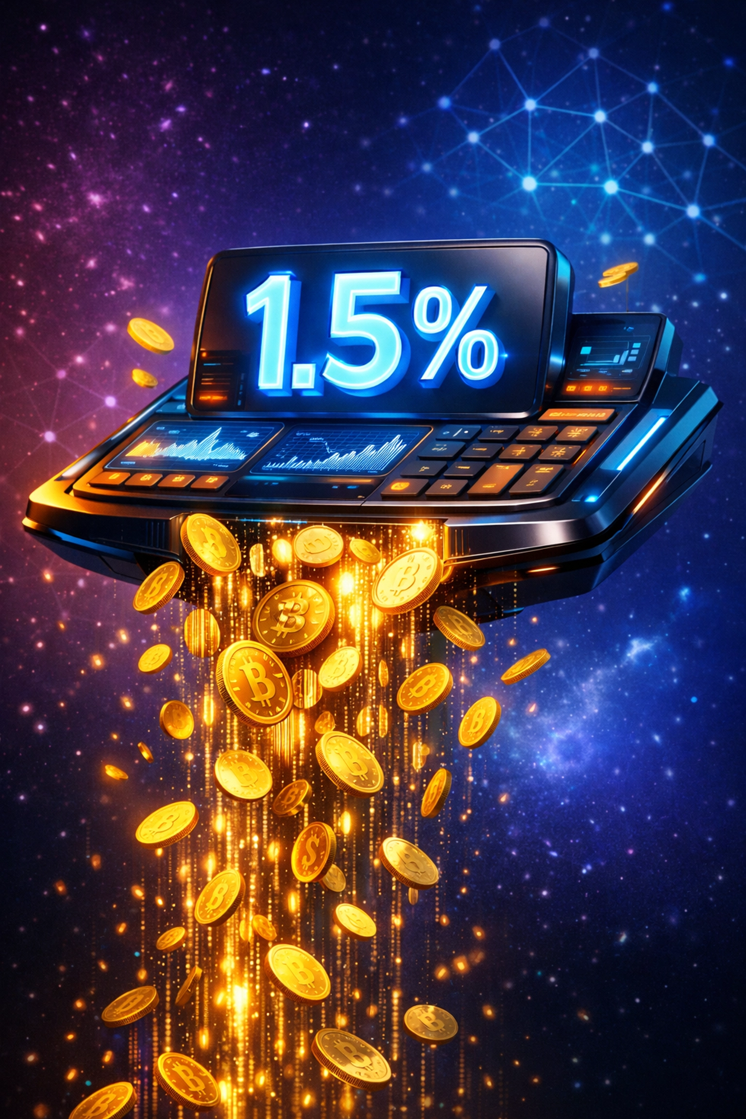 Larecoin 1.5% transaction fee visualization with cryptocurrency tokens and digital payment dashboard