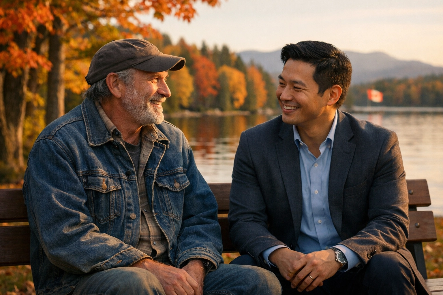 Two people from different backgrounds sharing a respectful conversation by a scenic Canadian lake.