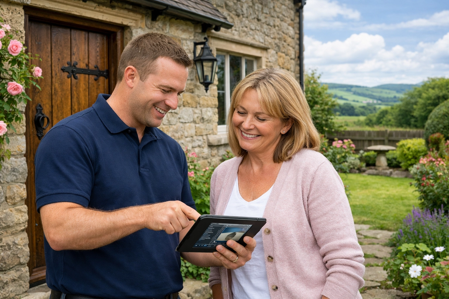 i-Spy CCTV expert showing a home security app to a Gillingham resident outside their Dorset cottage.
