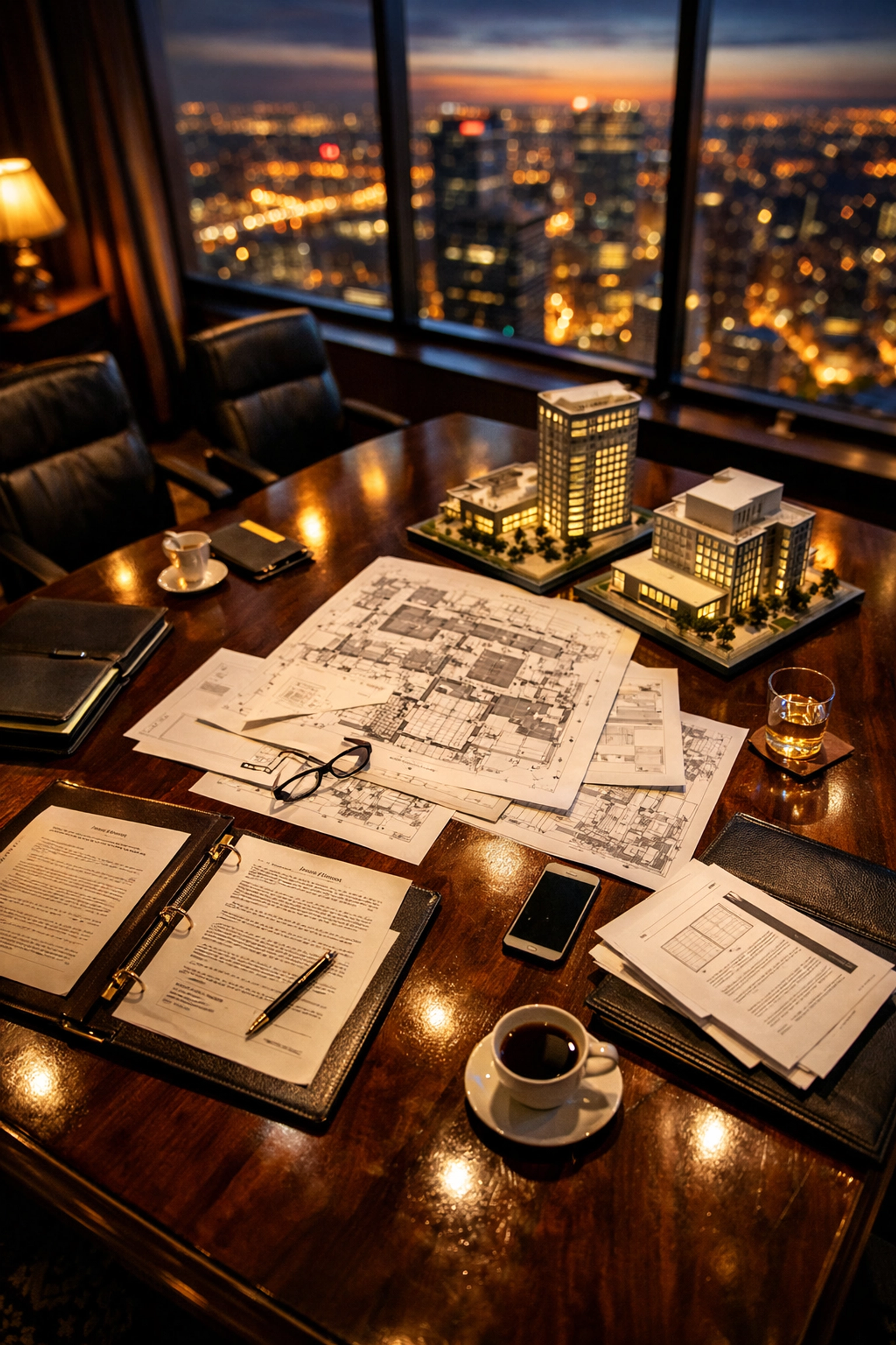 Private equity boardroom with real estate blueprints and commercial property investment documents