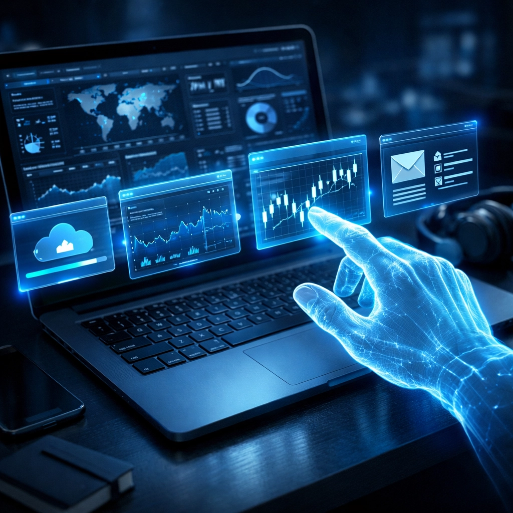 Holographic interface showing autonomous AI navigating Windows desktop applications for business automation.
