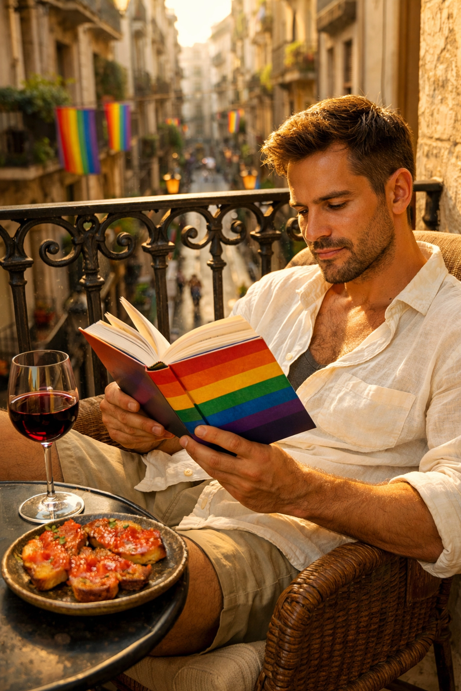 Man enjoying an LGBTQ+ romance novel and wine on a sun-soaked balcony in Barcelona's Gaixample.