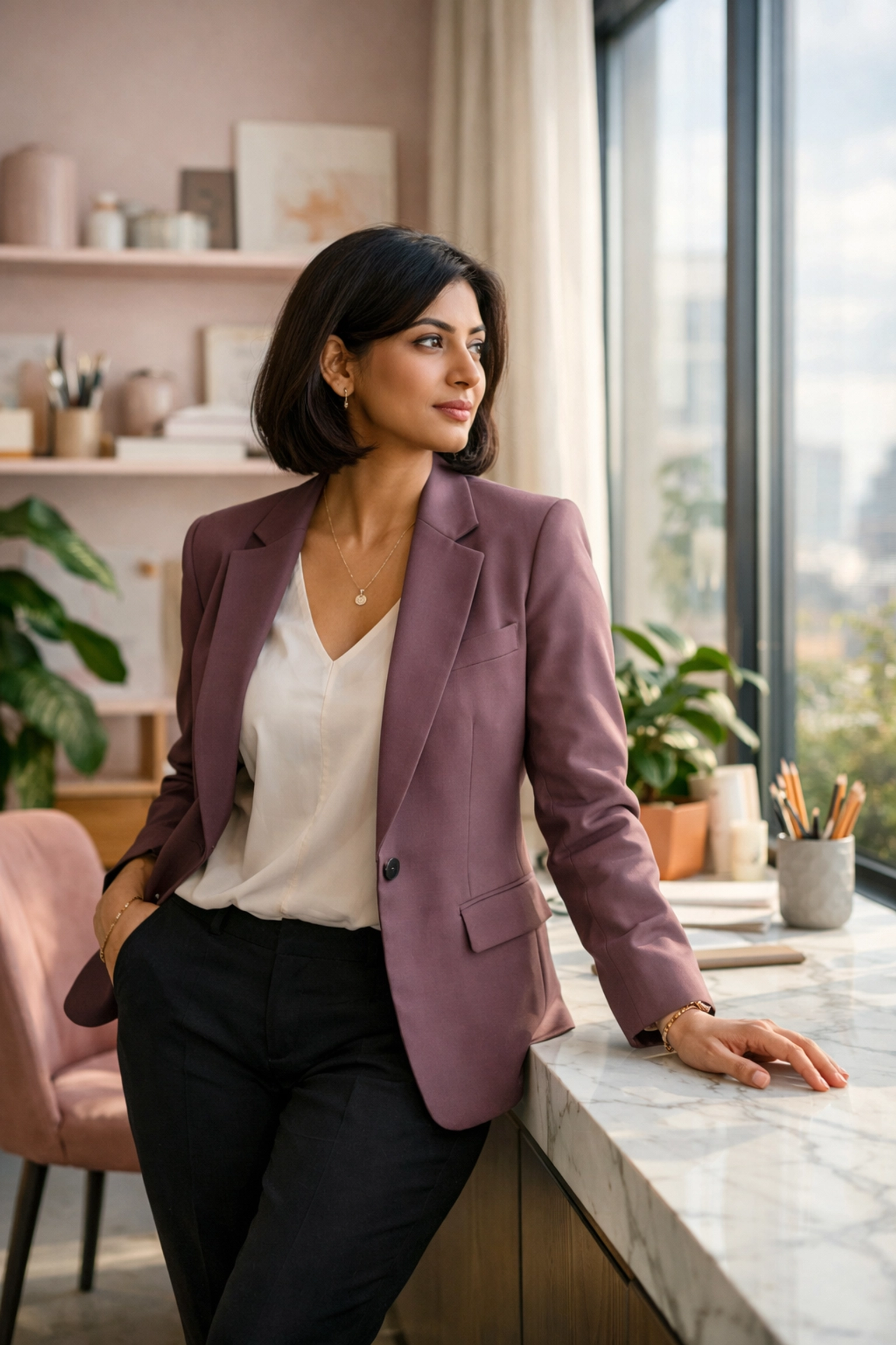 Professional woman reflecting in a modern studio, representing mindset coaching and internal growth.