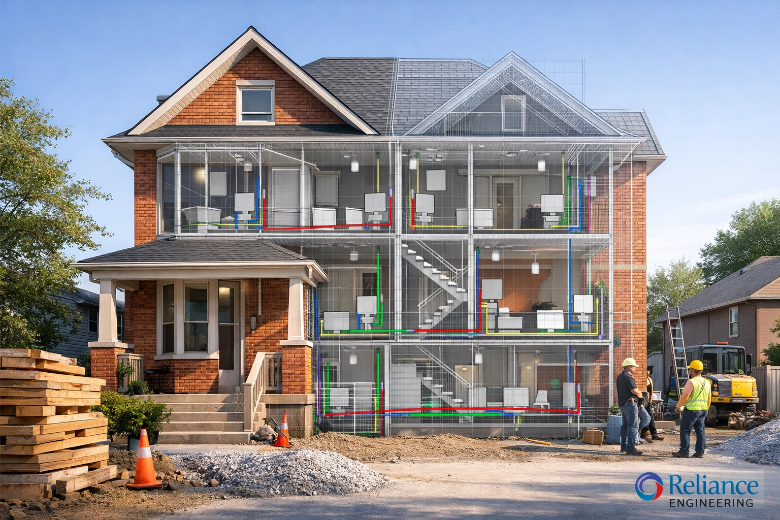 Residential 4-plex conversion in Ontario showing internal servicing and plumbing upgrades for multi-unit properties.