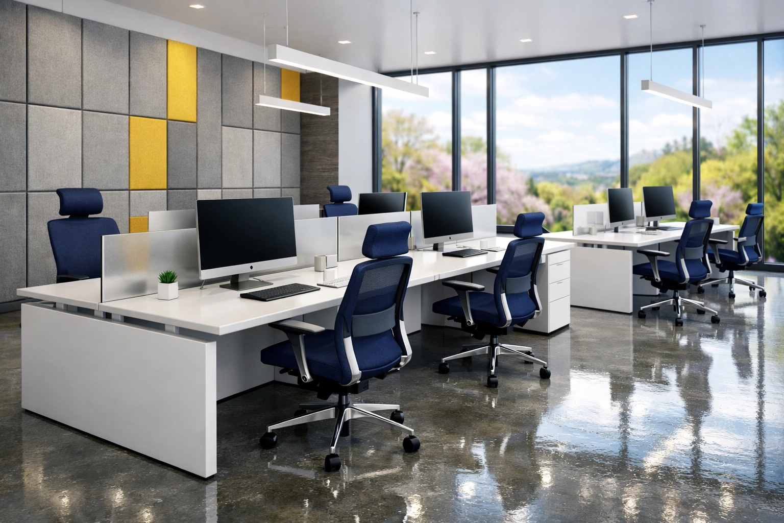 Sanitized modern workspace in Marlborough showing professional office cleaning and spotless floors.