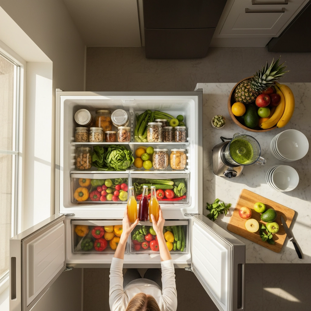 A woman putting bottles of fresh kombucha into her fridge.
