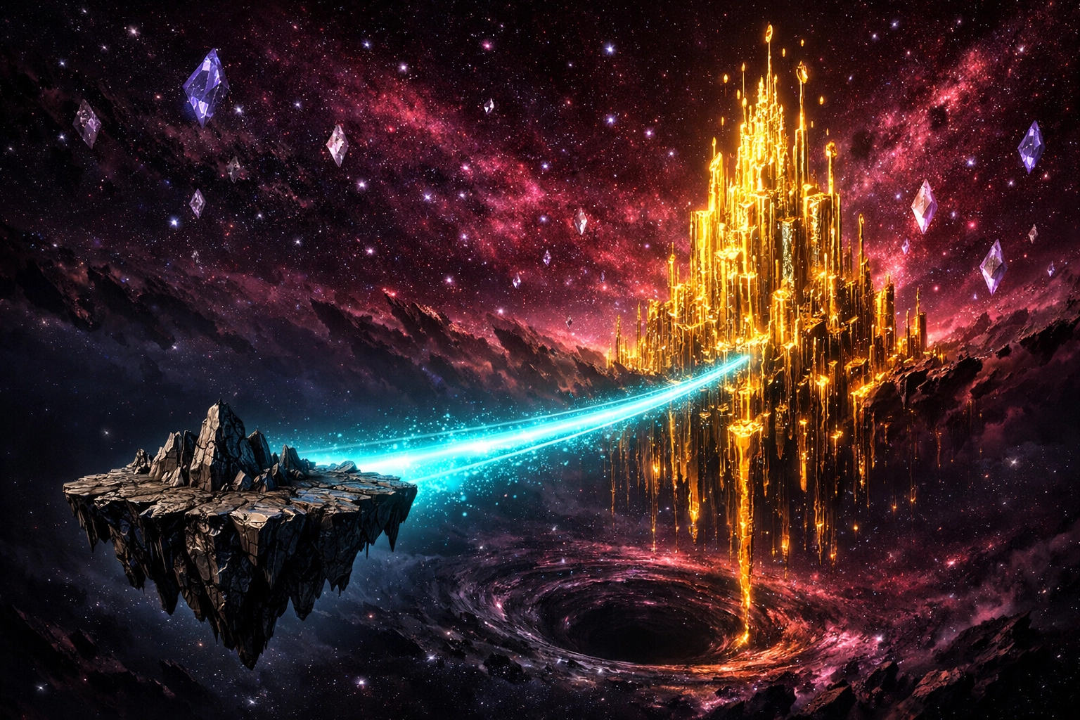 A neon bridge linking a startup to a golden skyscraper, representing an advisor bridging the capital gap.