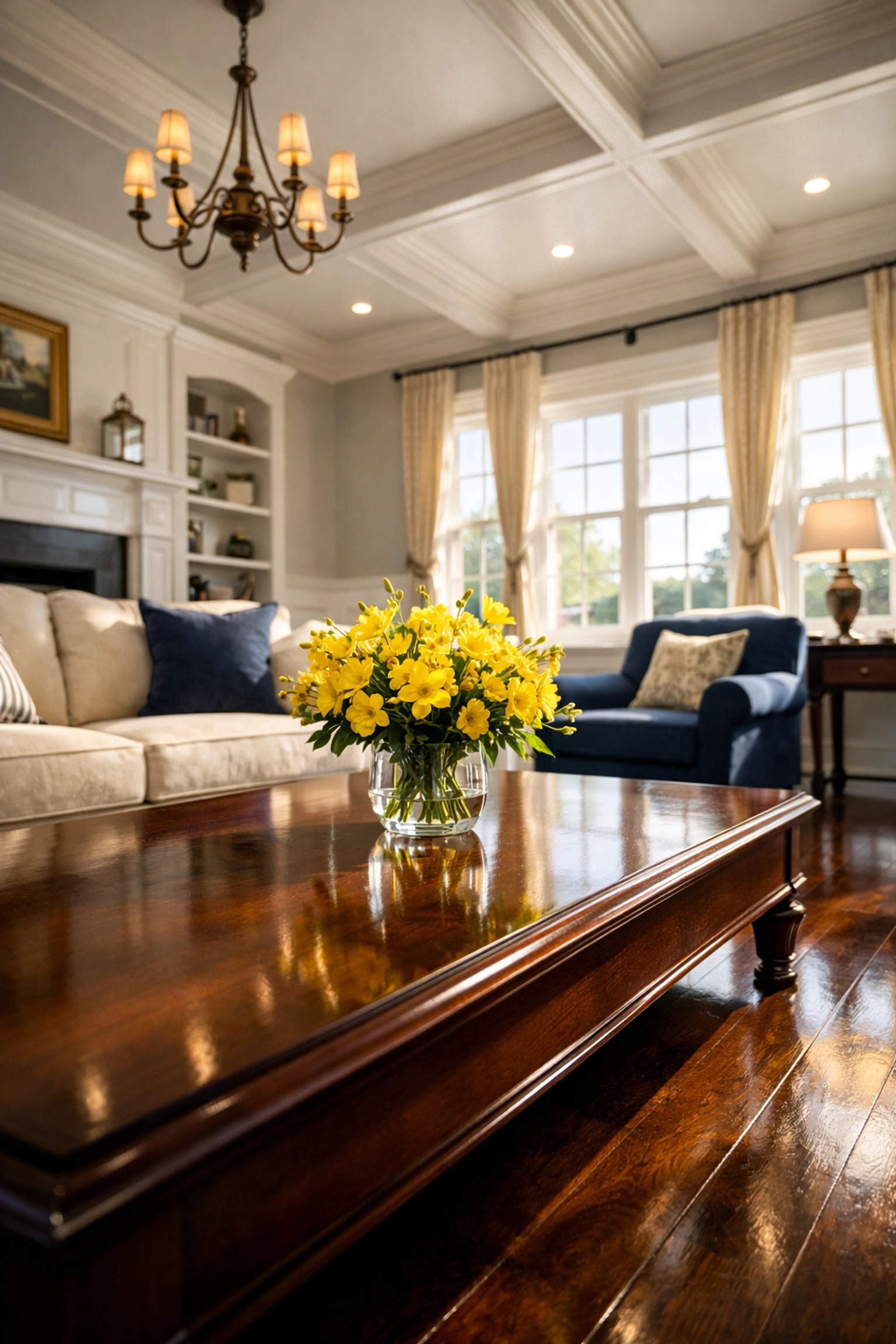 Spotless Lunenburg living room with polished hardwood floors and professional dusting maintenance.