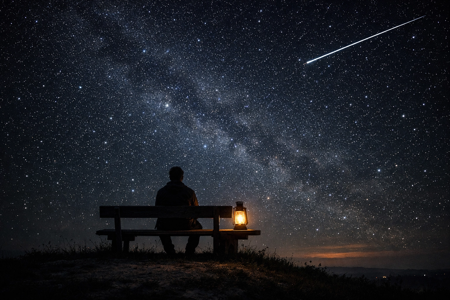 A person silhouetted under a starry night sky watching a satellite streak by in quiet reflection.