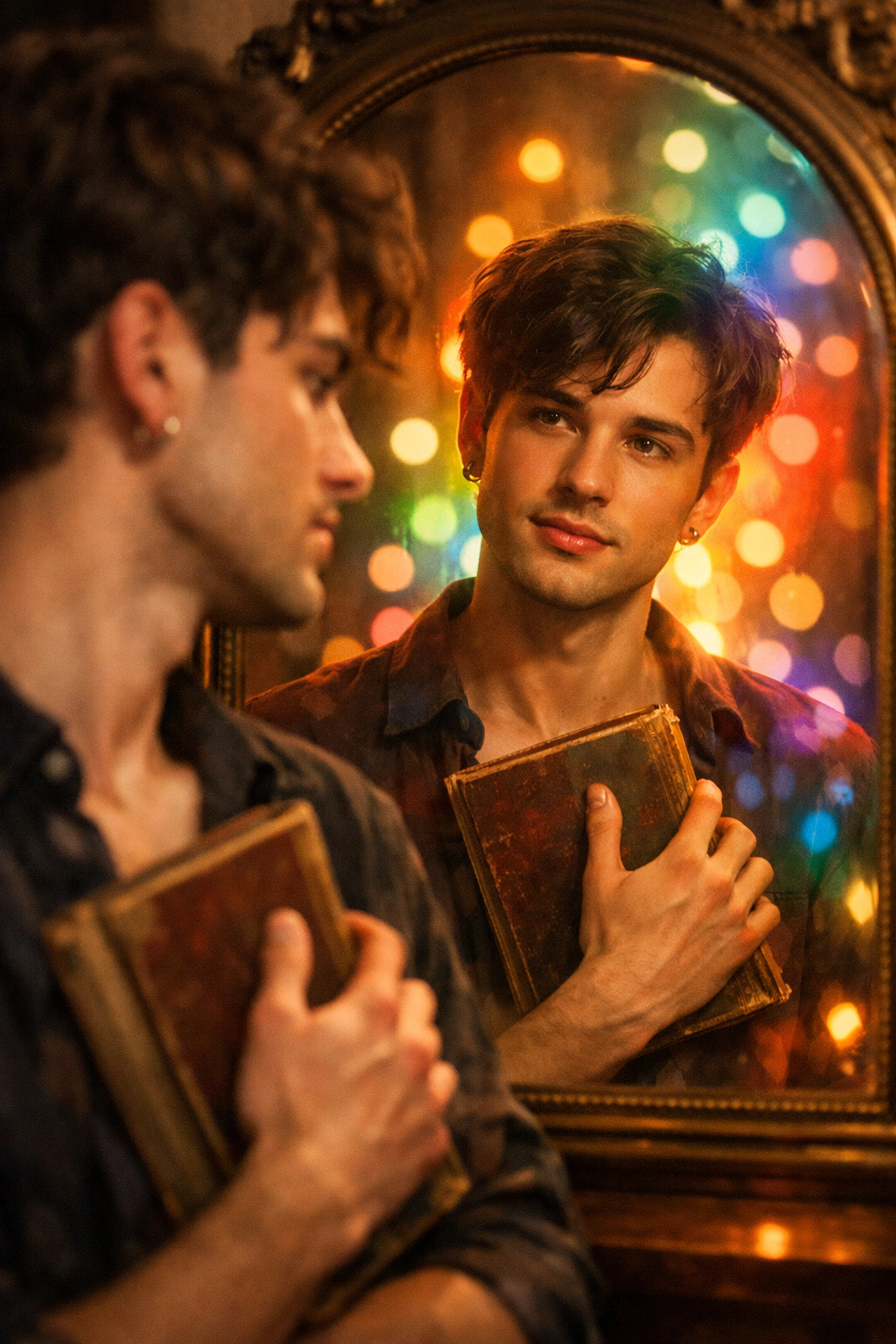 Young gay man reflecting on his identity while holding a queer fiction novel.