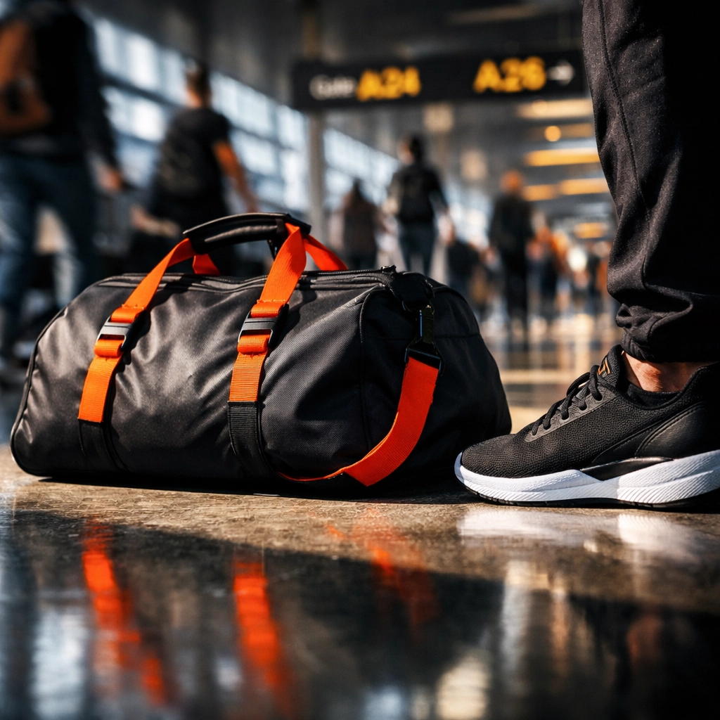 Beginner marathon travel flat lay with duffel bag, running sneakers, and carry-on essentials at the airport