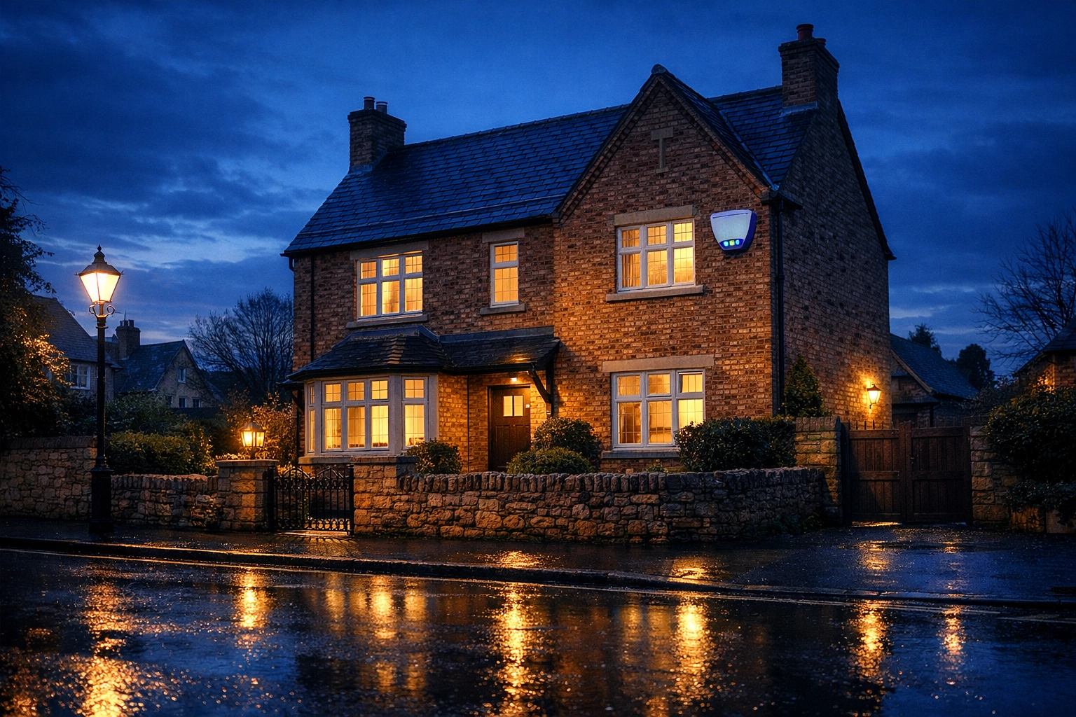 Professional security bell box installed on a detached Oxford house at dusk to deter intruders.