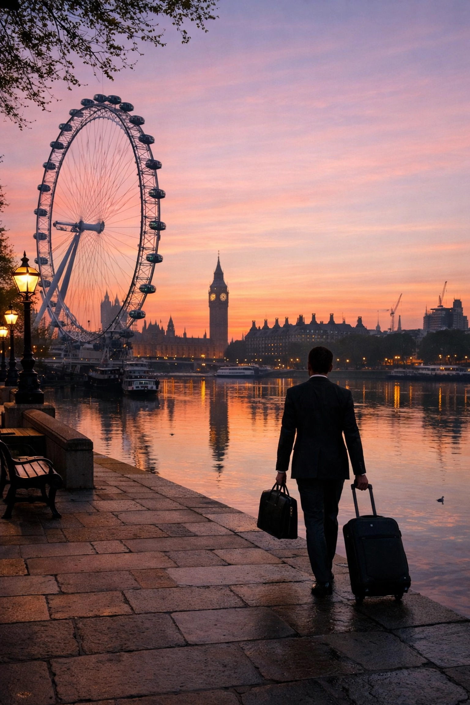 Business traveler walking by the London Eye at sunrise to adjust to the London time zone.