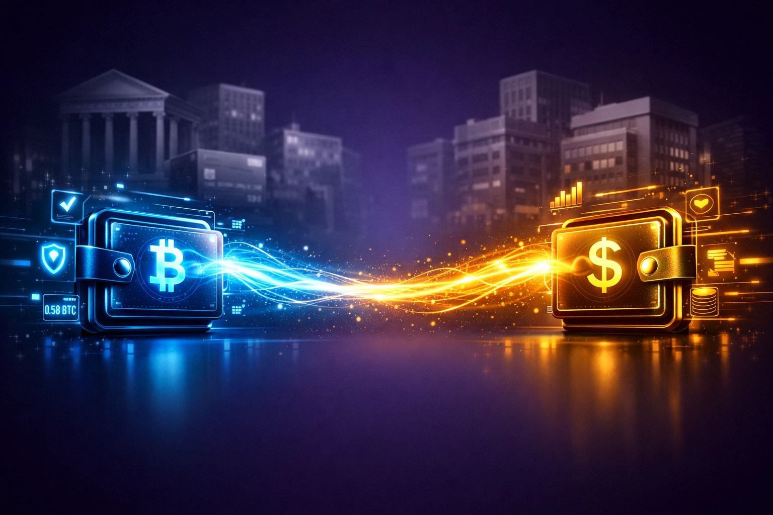 Web3 payment flowing directly between crypto wallets, bypassing traditional banking to reduce merchant interchange fees