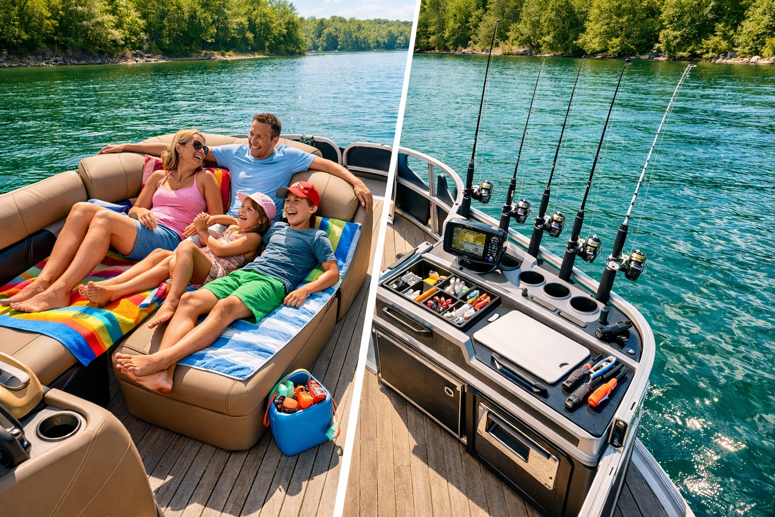 Pontoon boat show walkthrough: modern pontoon with a hybrid family cruising and fishing layout—smart buying tip to compare seating, storage, and deck space.