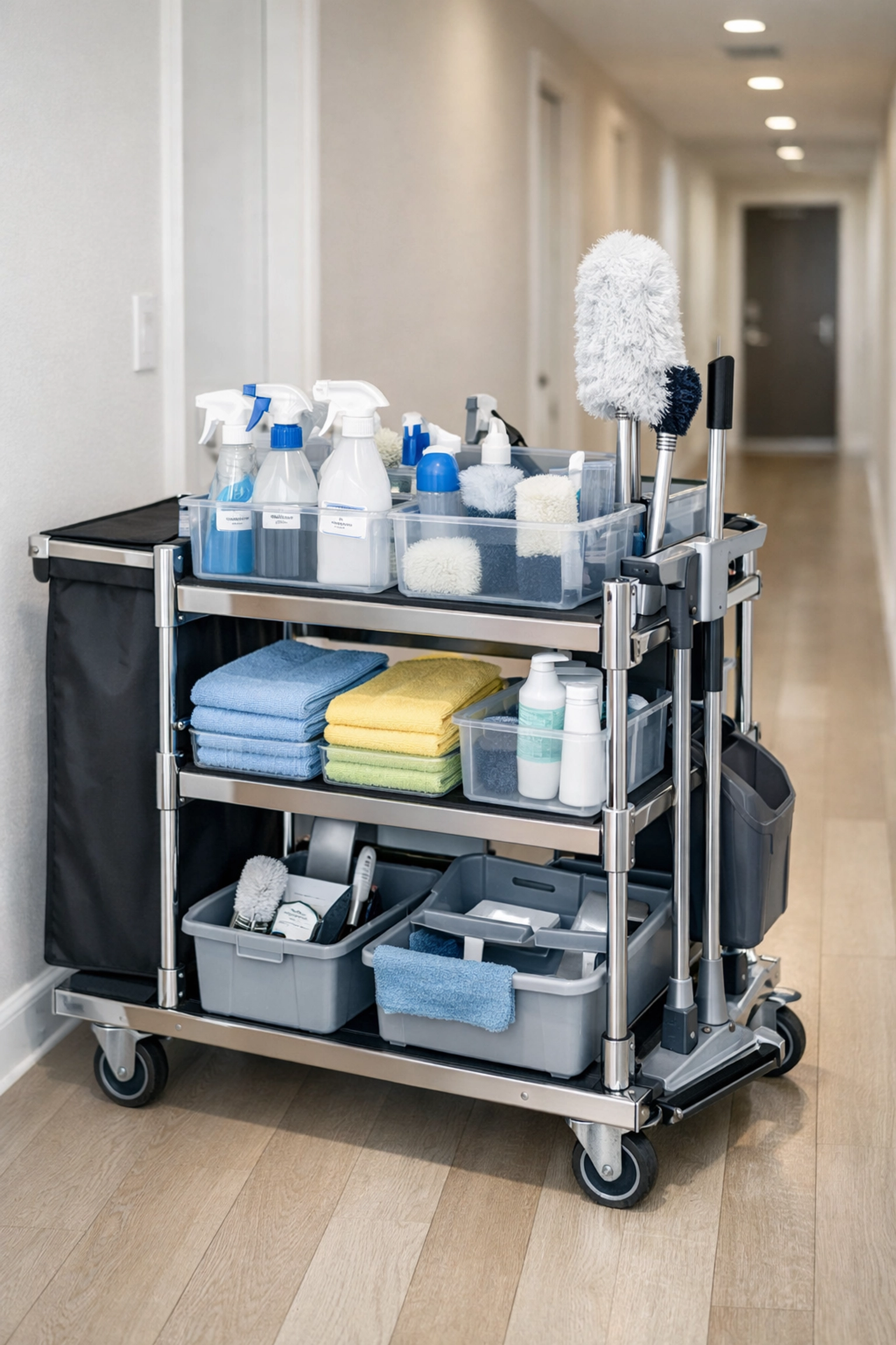 Pre-stocked cleaning cart with organized supplies for apartment turnover make-ready