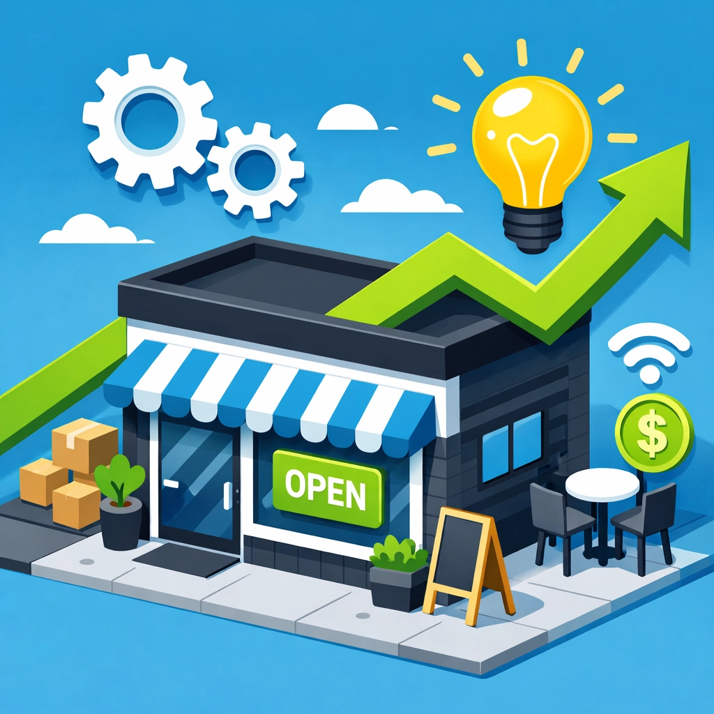 Small business storefront with growth icons representing proactive tax planning strategies for business owners.
