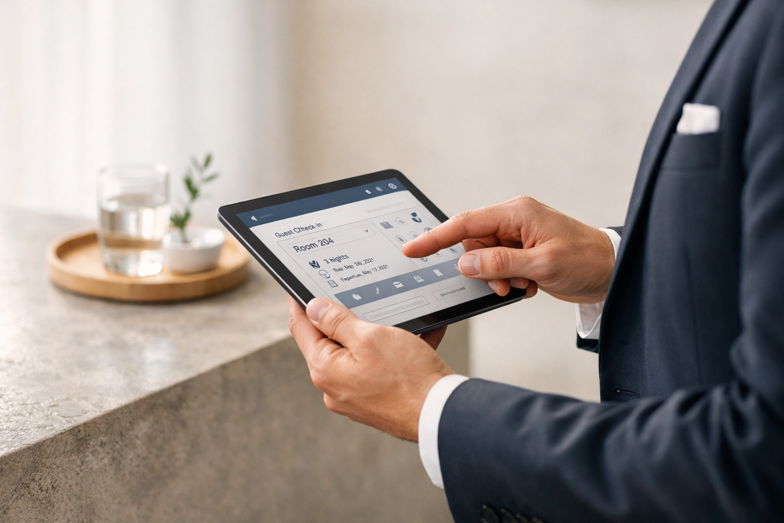 Hospitality professional using a mobile property management system on a tablet to provide personalized guest service.