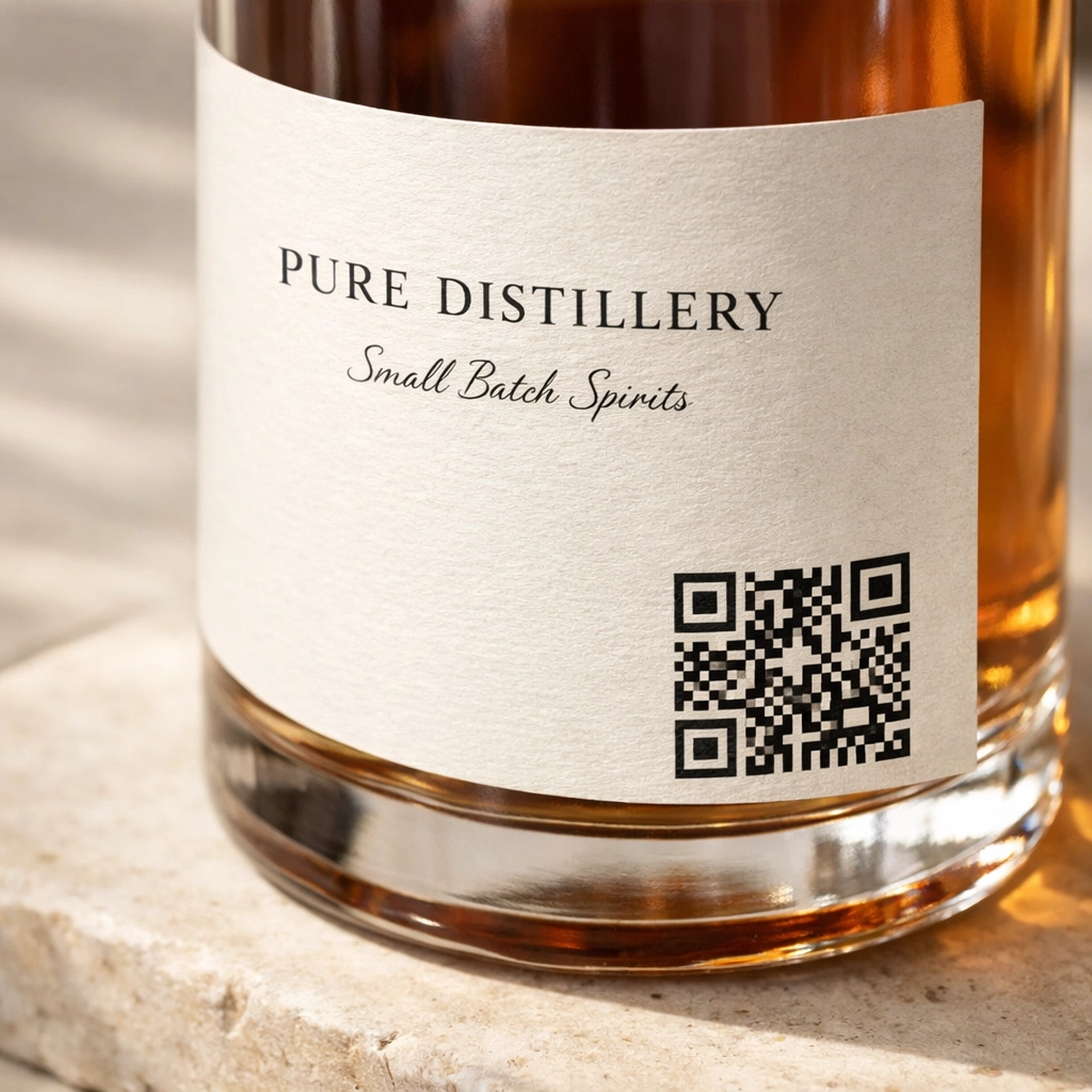 A glass bottle featuring a minimalist paper label with a scannable QR code for smart branding.