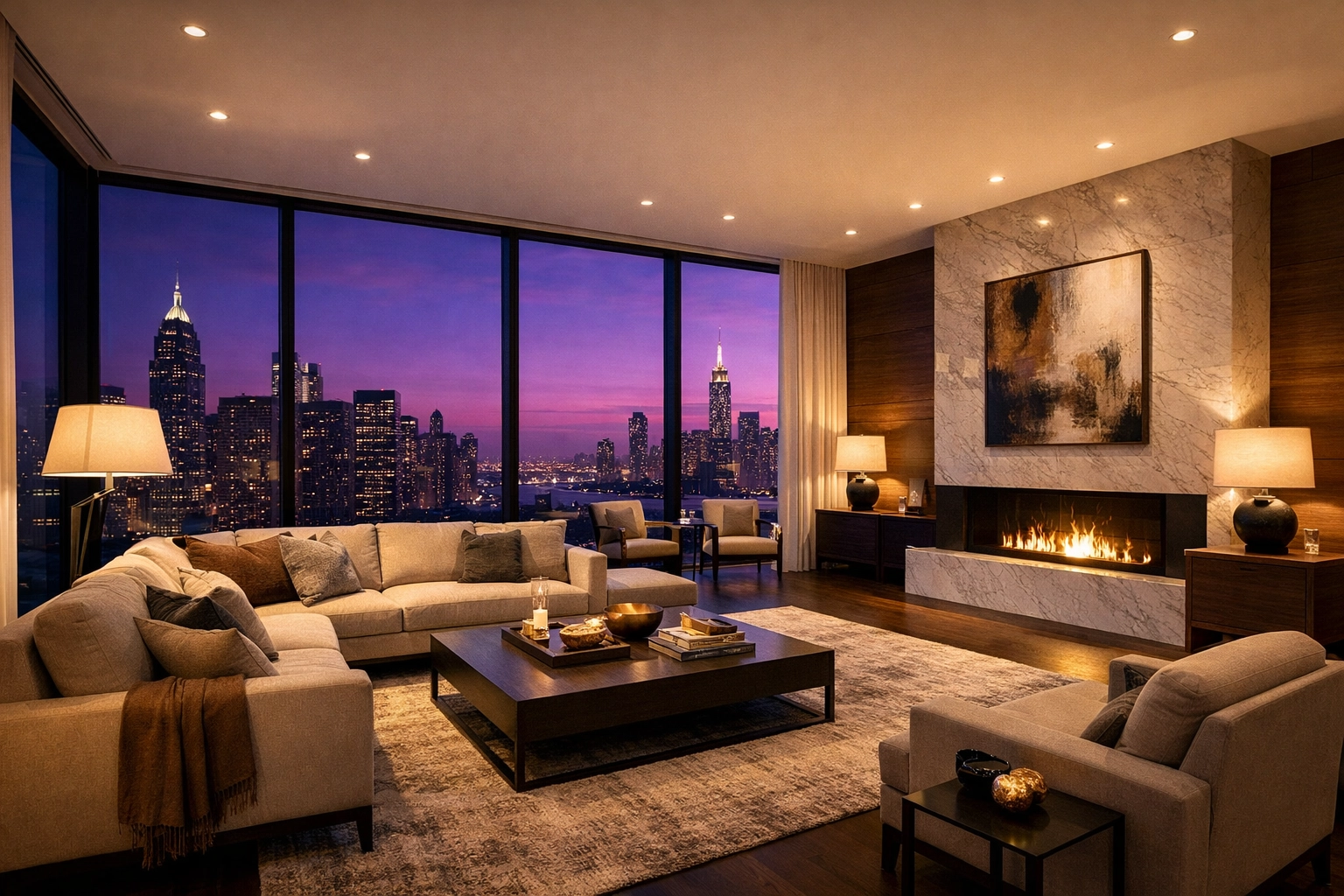 Luxury penthouse interior showcasing AI lighting techniques for real estate photography for beginners.