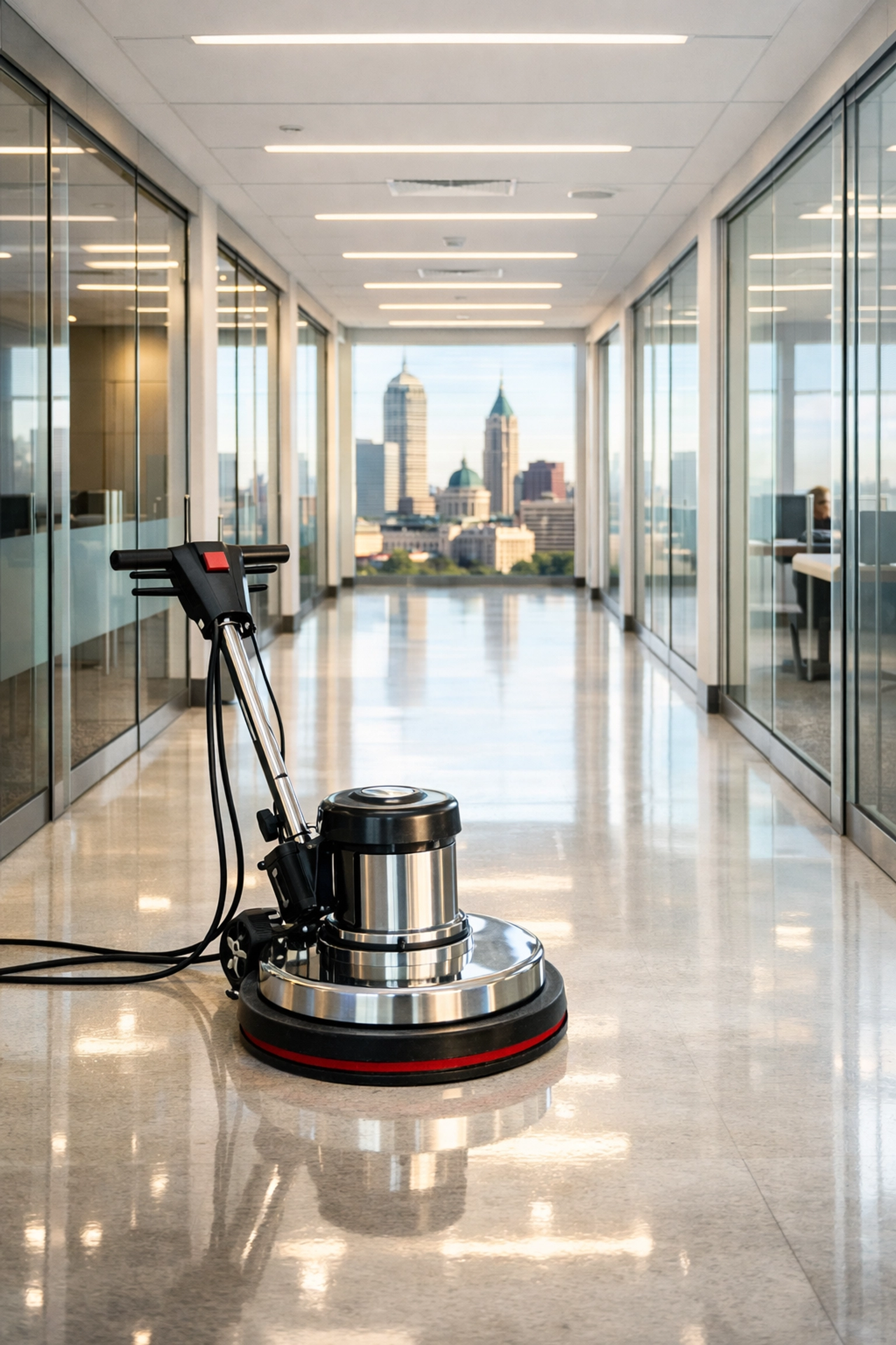 Professional floor scrubber in a pristine Indianapolis corporate office corridor.