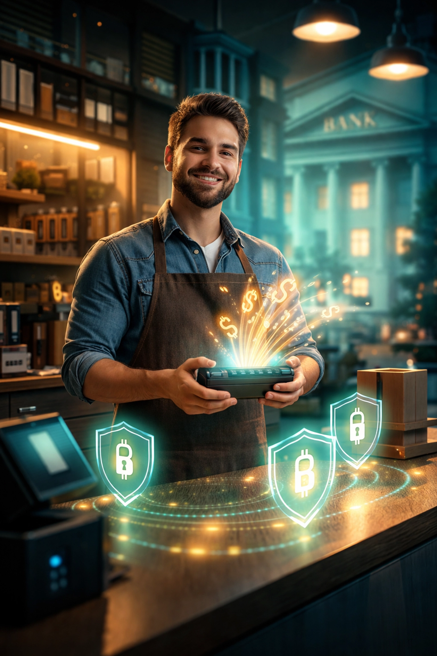 Small business owner receives direct crypto payments securely, bypassing banks, symbolizing Web3 financial sovereignty.